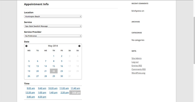 Birchpress appointment scheduling screen 