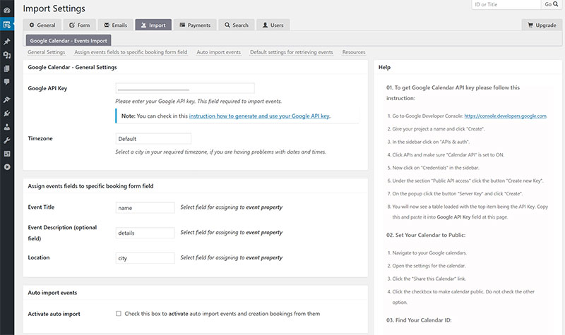 booking calendar settings screen