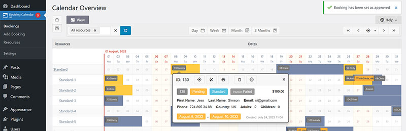 booking calendar screenshot