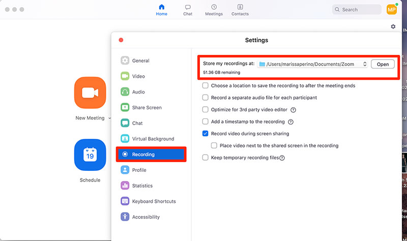 zoom recording settings panel