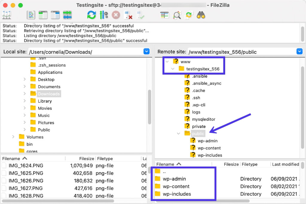 filezilla navigation interface that helps locate your wordpress directory 