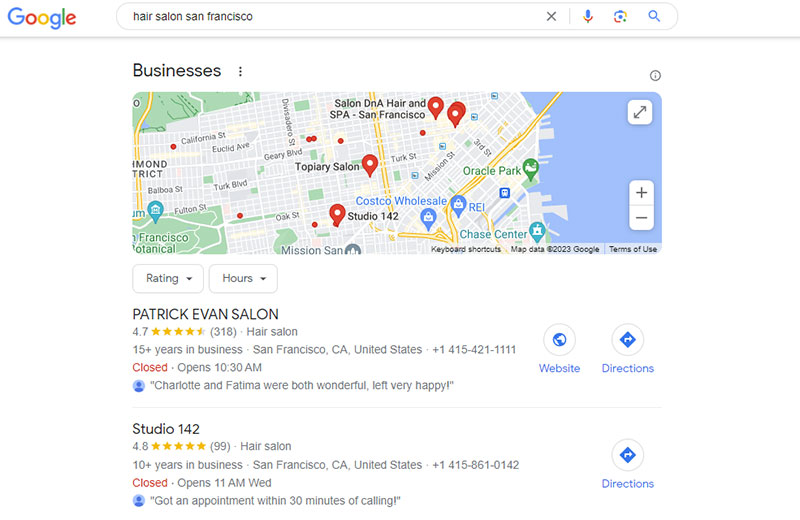 hair salon san francisco google SERP