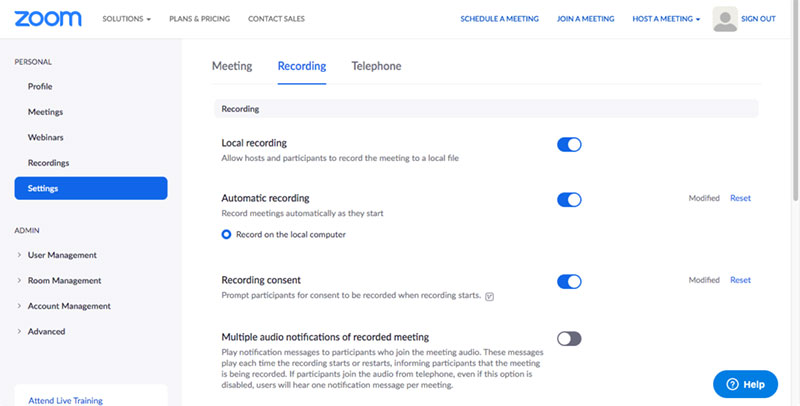 zoom web version settings panel