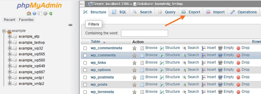 how to find an export tab in phpmyadmin