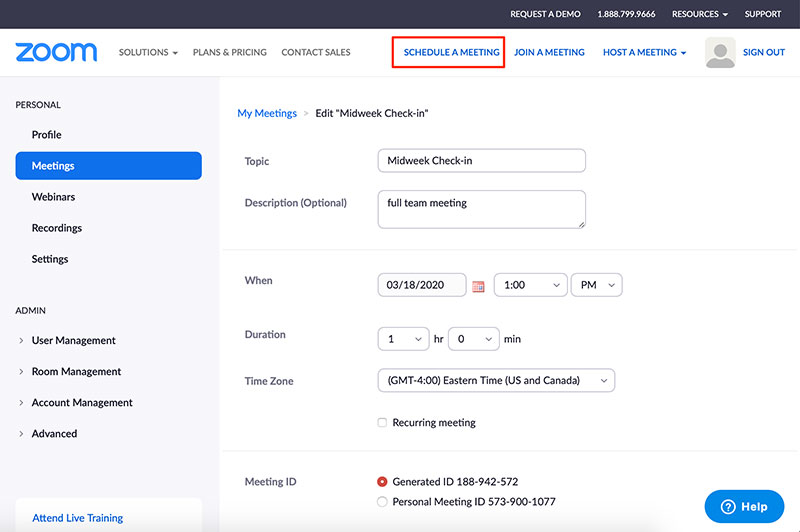 How to schedule a Zoom meeting on the Zoom website screenshot