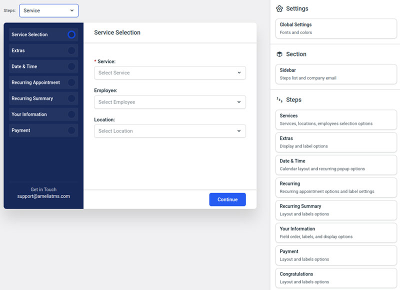 amelia service setting window options