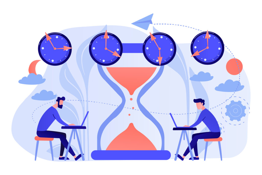 Busy businessmen with laptops near hourglass working in different time zones. Time zones, shift management, international time, world business time concept. 