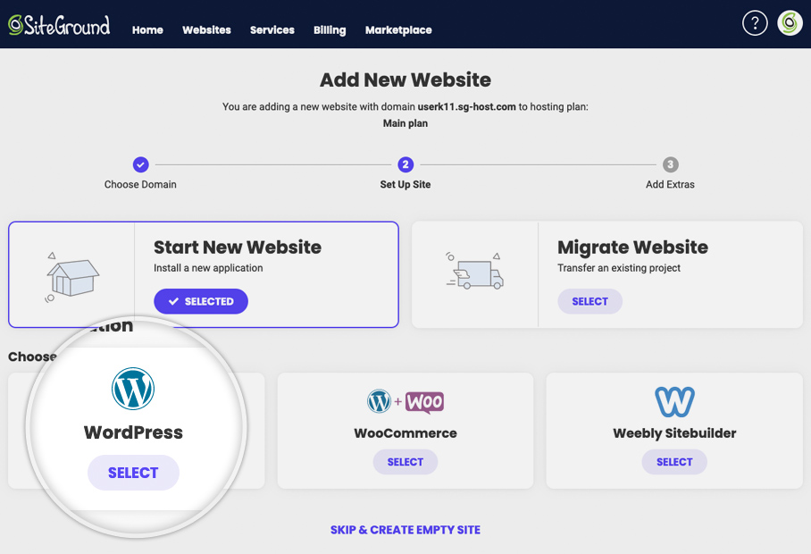 siteground new wordpress website installation screen