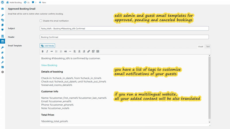 WordPress Hotel Booking plugin by MotoPress approved booking email tab