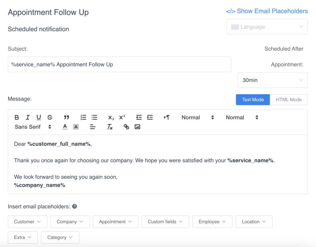 amelia appointment follow up automated email response examples