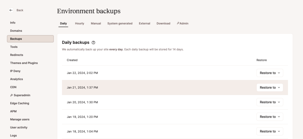 kinsta backups plan screenshot