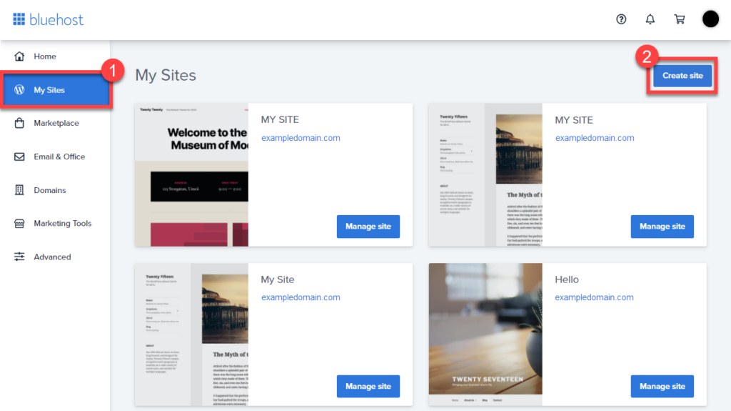 create new wordpress site with bluehost, my sites screen
