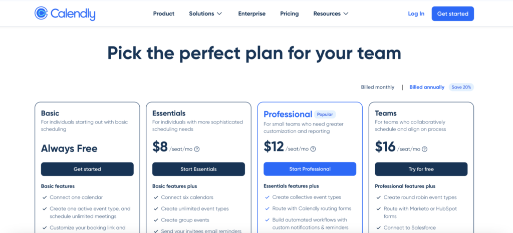 calendly pricing page screenshot