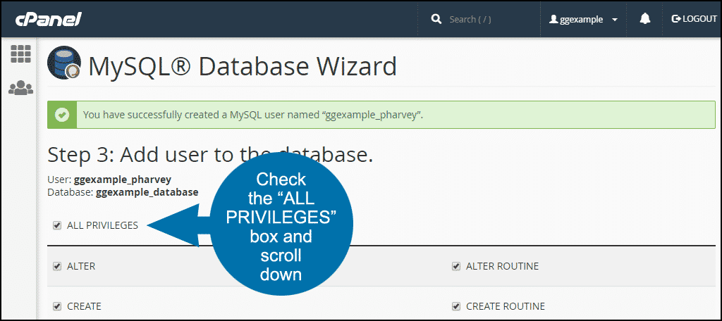 cpanel adding a user to a database