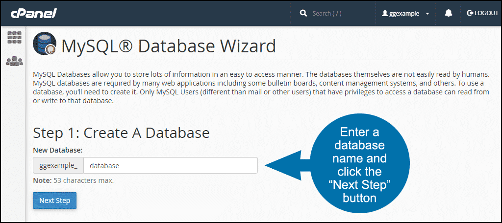 cpanel create a new database