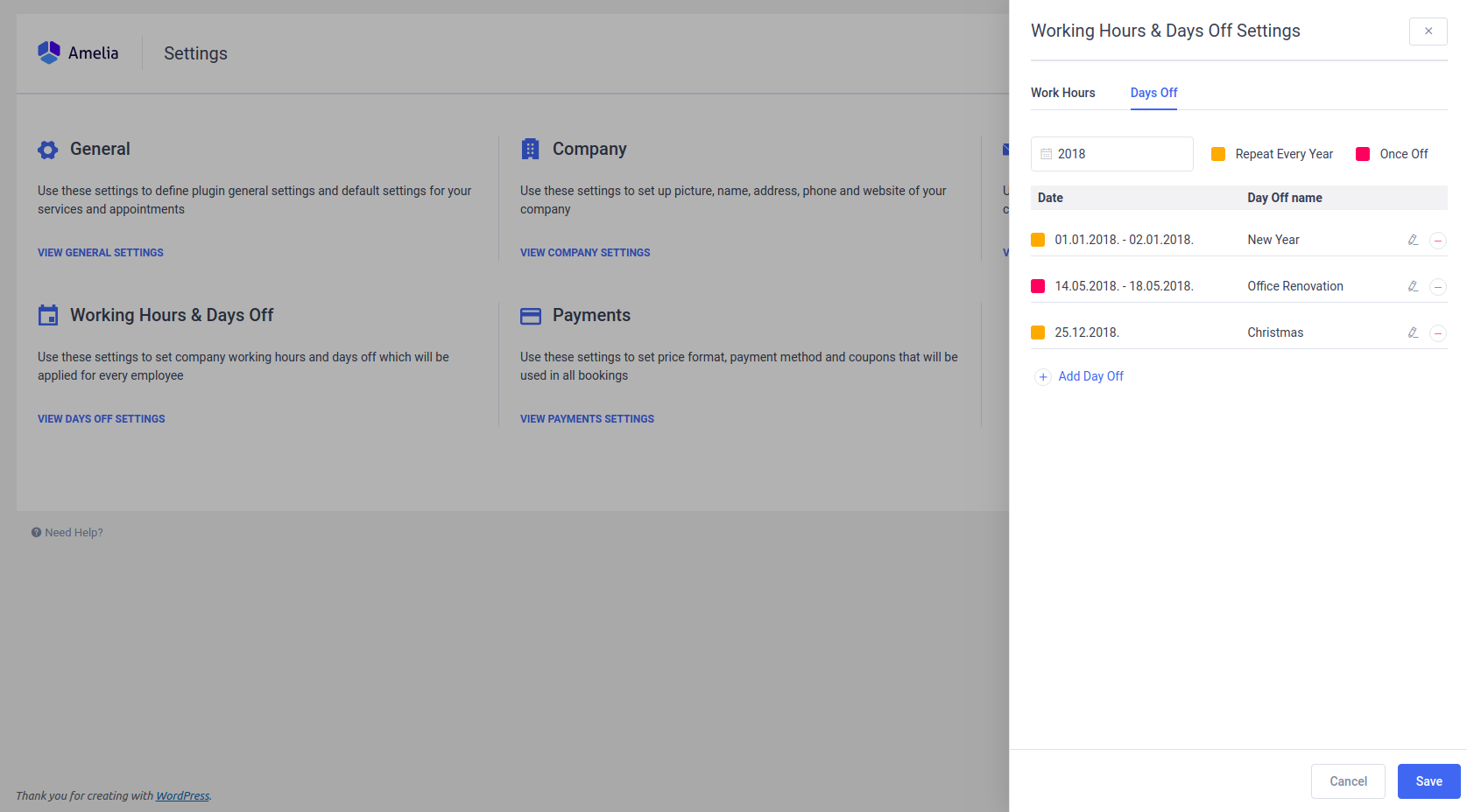 Days Off Settings in Amelia - WordPress Booking Plugin