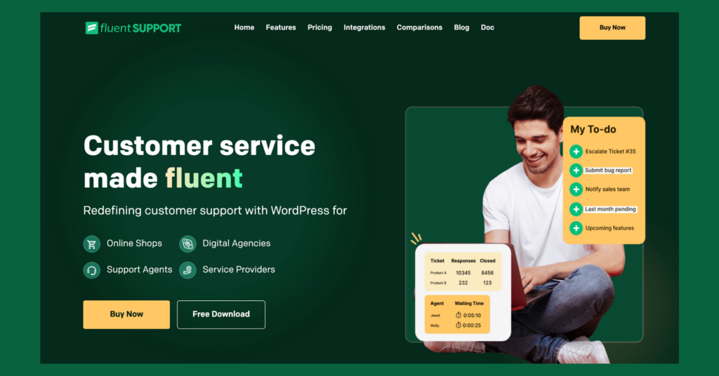 fluent support homepage screenshot