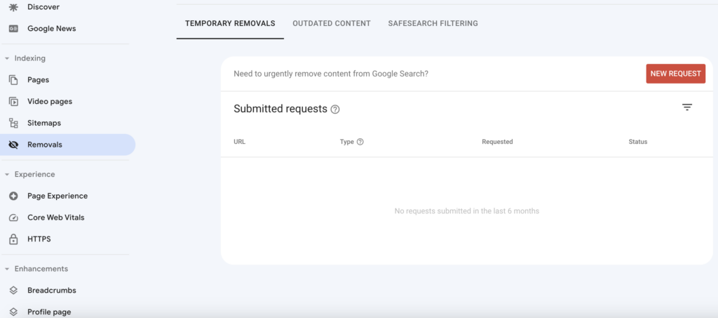 google search console temporary removal screen