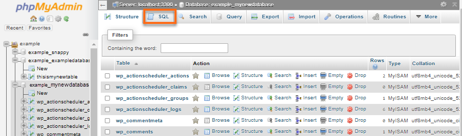 phpmyadmin query sq tab