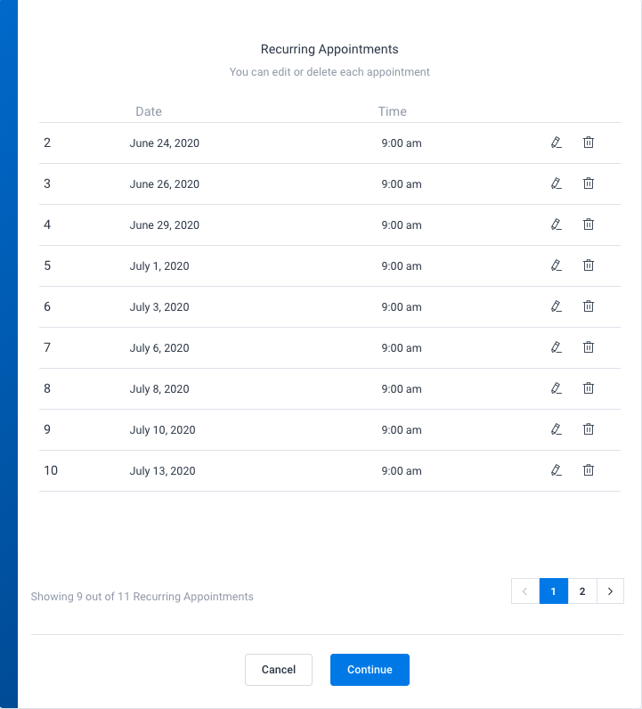 recurring appointments list shown during the booking process in amelia