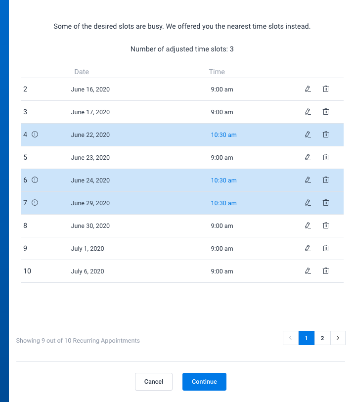 recurring appointments list in amelia showing the slots that are already taken and automatically suggesting new time slots 