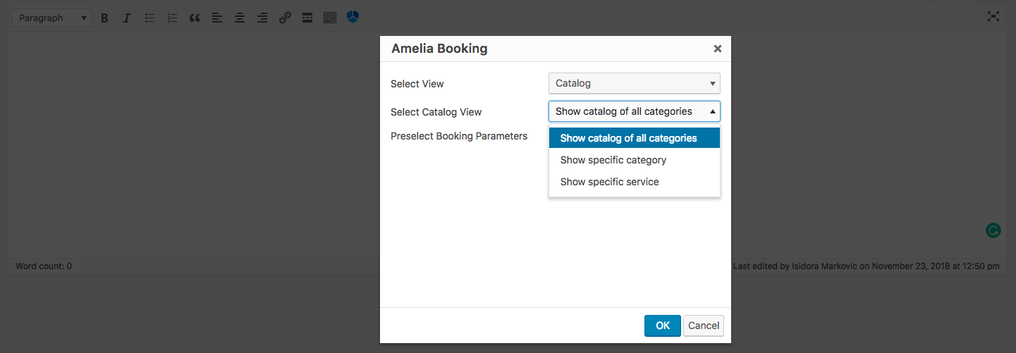 Catalog shortcode Amelia Booking WP plugin