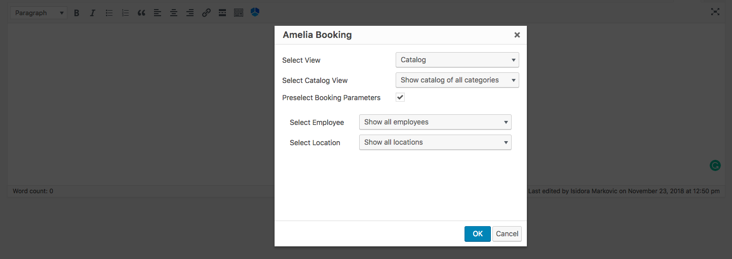 Catalog shortcode options Amelia Booking WP plugin