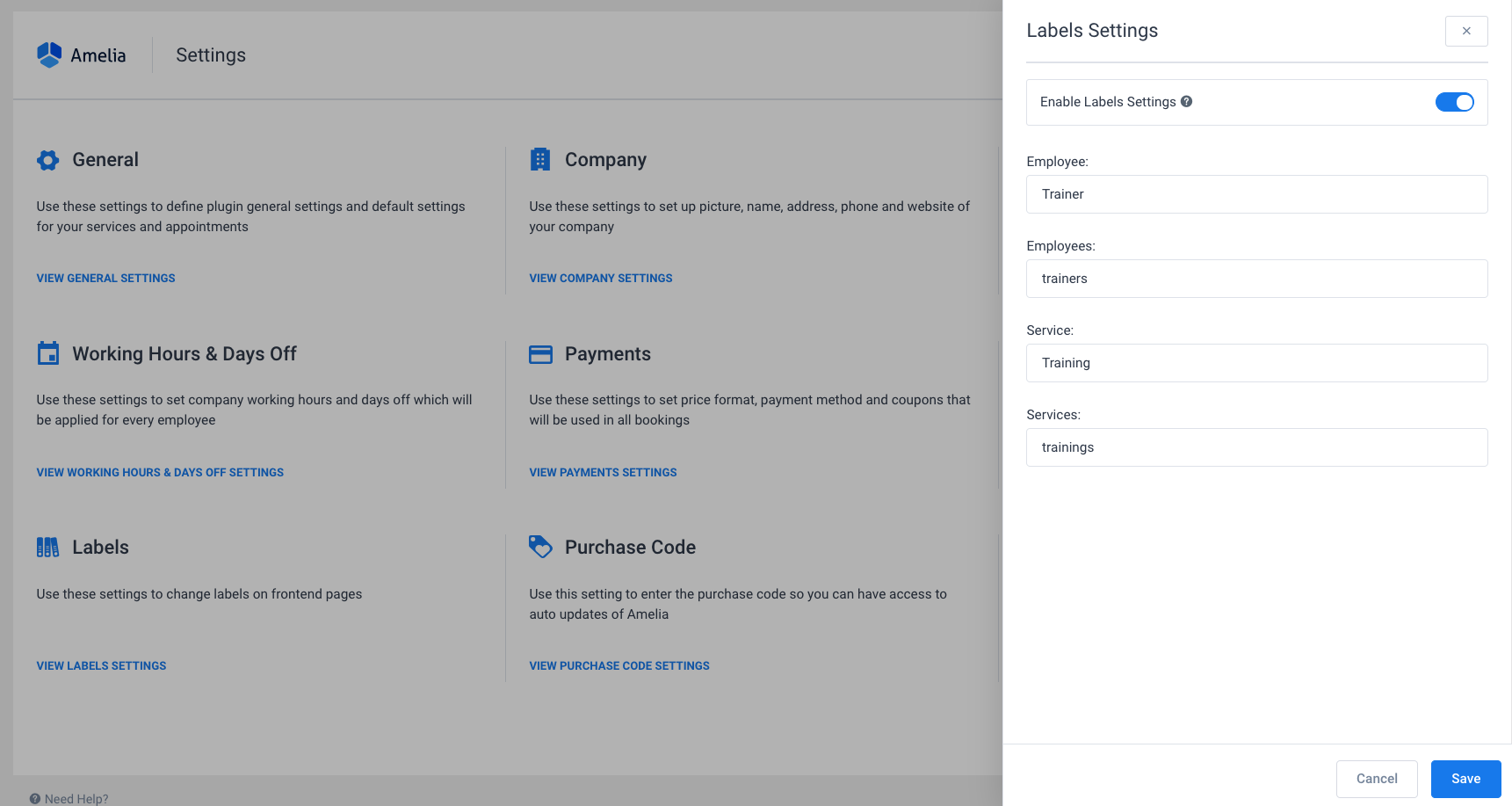 Labels Settings Amelia WordPress Booking Plugin