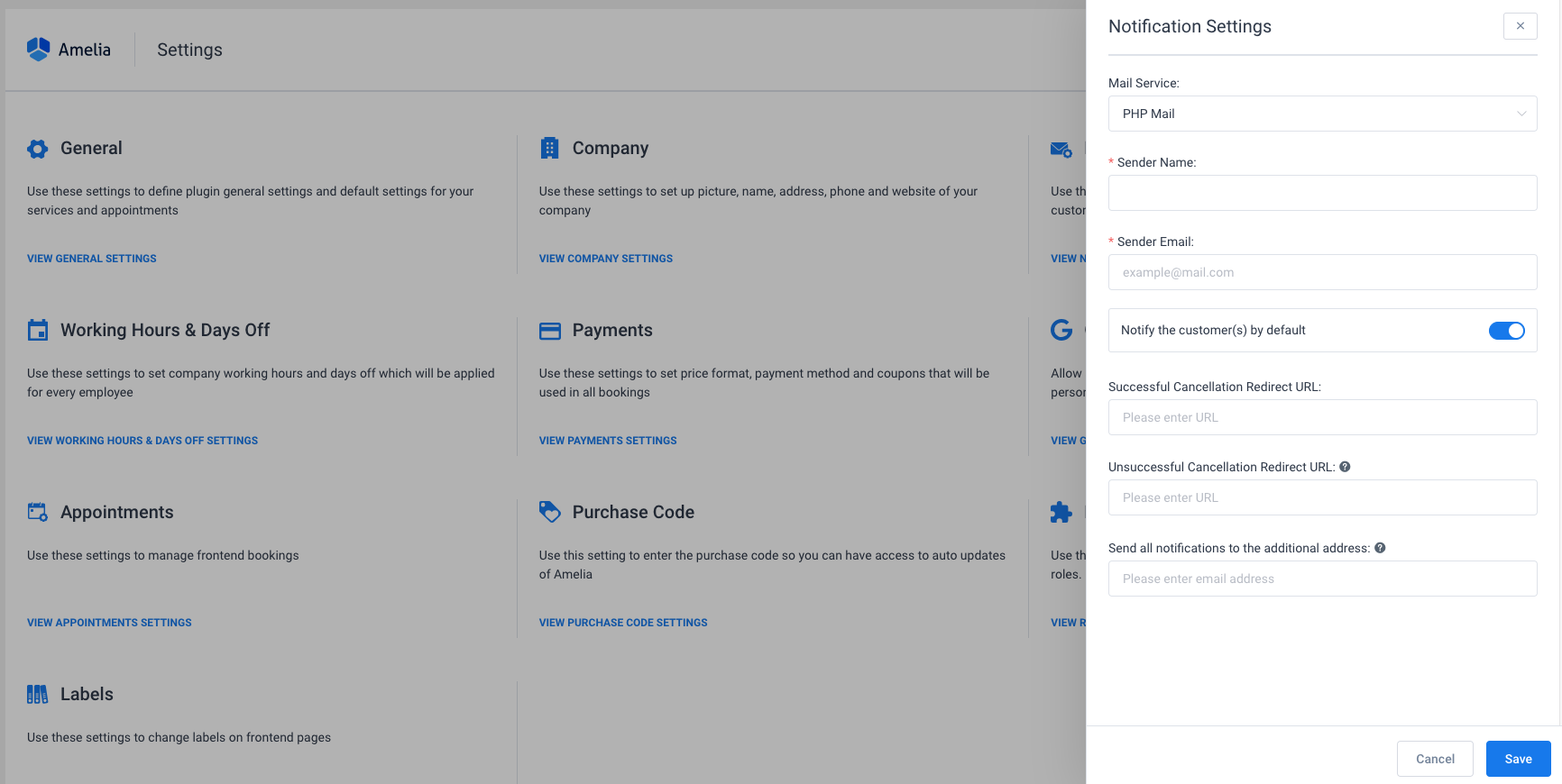 Notifications Settings Amelia WordPress Booking plugin