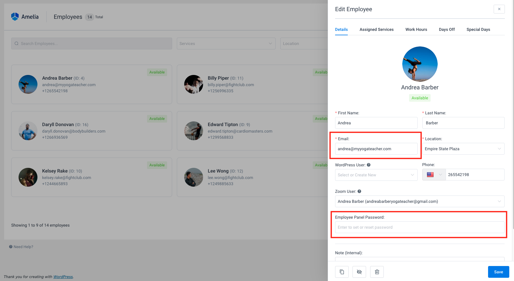 Employee panel password Amelia WordPress Booking plugin