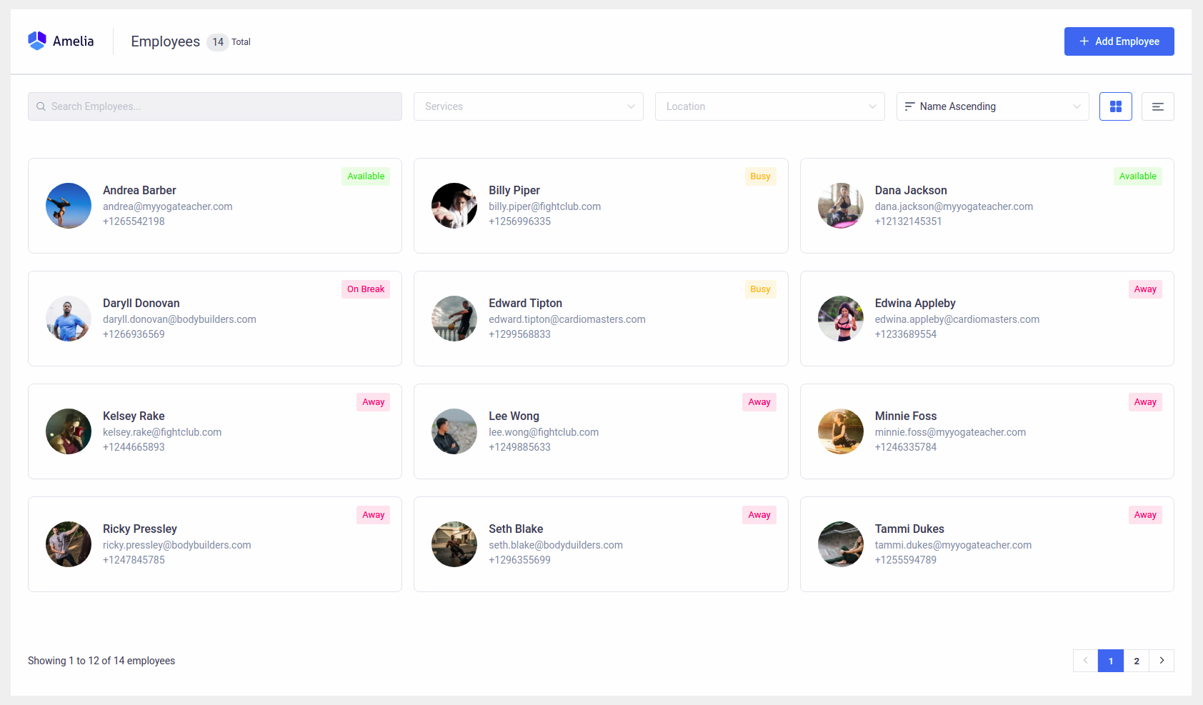 Amelia WordPress - Employees page Grid view