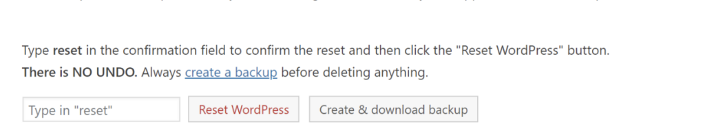 wp reset reset wordpress button